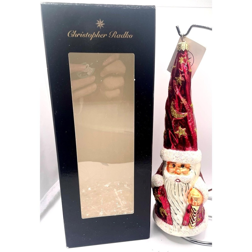 RADKO Ruby Munchkin Santa Ornament 96-240-1 Red White 8.25" Tall Hat Moon Stars